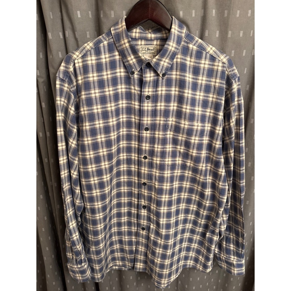 LL Bean Mens Flannel Shirt Size Large Blue Cream Plaid Button Down Cotton